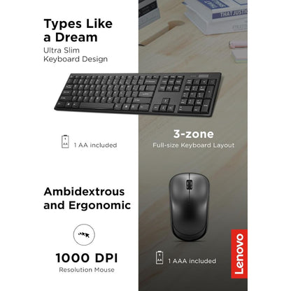 Lenovo 100 Wireless Keyboard & Mouse Combo | 2.4GHz Wireless Connectivity | English & Arabic Keyboard | 1000 DPI Optical Mouse | Black | GX30S99500