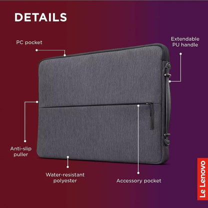 Lenovo Urban Laptop Sleeve for 13" Notebook | Water Resistant | Padded Protection | Accessory Storage | Extendable Handle | Charcoal Grey | GX40Z50940