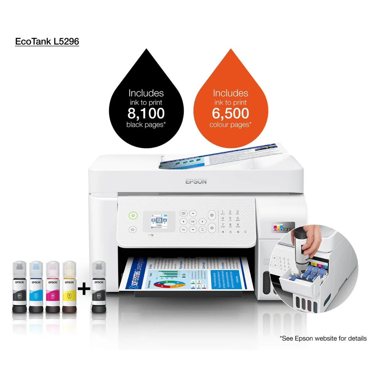 Epson Ecotank L5296 Office Ink Tank Printer, Print, Scan, Copy, Fax, 180 Nozzles Black & 59 Nozzles per Color, Up to 5760 x 1440 DPI Resolution, Epson Micro Piezo Print Head, Whtie | C11CJ65411