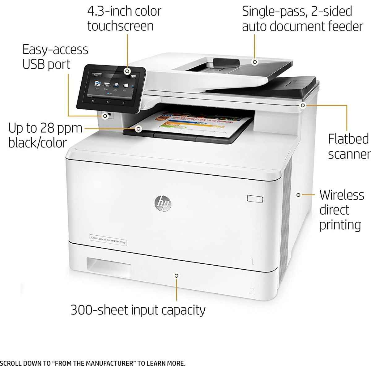 HP M283fdn Color LaserJet Pro MFP, Print speed up to 22 ppm (black & color), Up to 600 x 600 dpi, Up to 50 sheets feeder capacity, Print, copy, scan, fax | 7KW74A