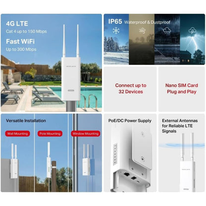 MERCUSYS MB118-4G Outdoor 4G LTE Router | N300 Wi-Fi 4 | 150 Mbps Cat 4 | Nano SIM | PoE | IP65 Weatherproof