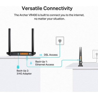 TP-Link Archer VR400 AC1200 Wireless MU-MIMO VDSL/ADSL Modem Router | Dual-Band 867 Mbps | Gigabit Ports | Beamforming | Black