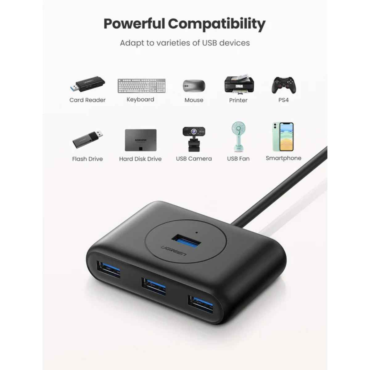 UGREEN USB 3.0 4-Port Hub (1m Cable) – Ultra-Slim Multiport Adapter for Laptop, Desktop, PS5, Xbox & Peripherals