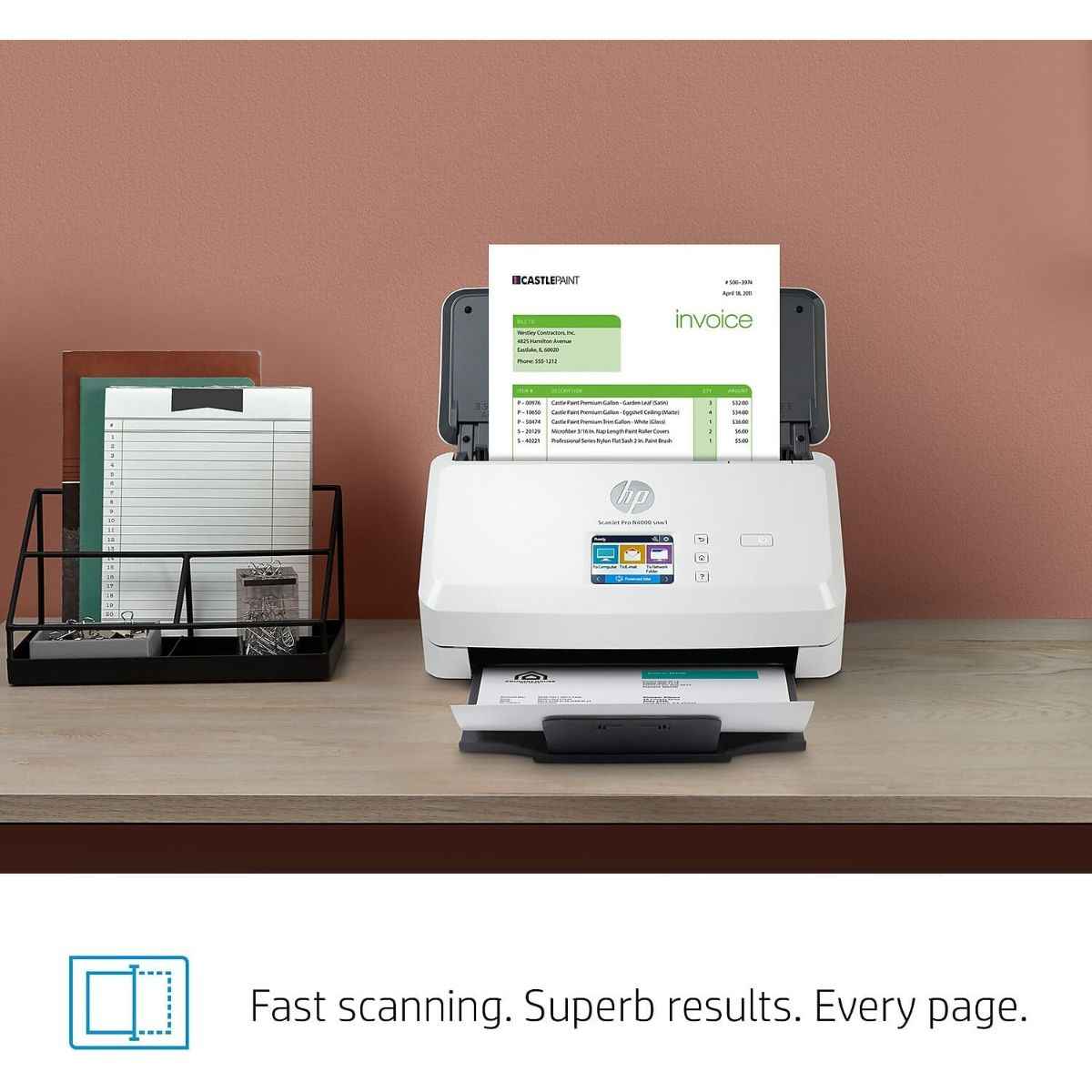 HP ScanJet Pro N4000 SNW1 Sheet Feed Scanner, Up to 600 dpi Scan Resolution, 50 Sheets Document Feeder Capacity, 4,000 Page Duty Cycle, Support Ehternet, WiFi & WiFi Direct, White | 6FW08A