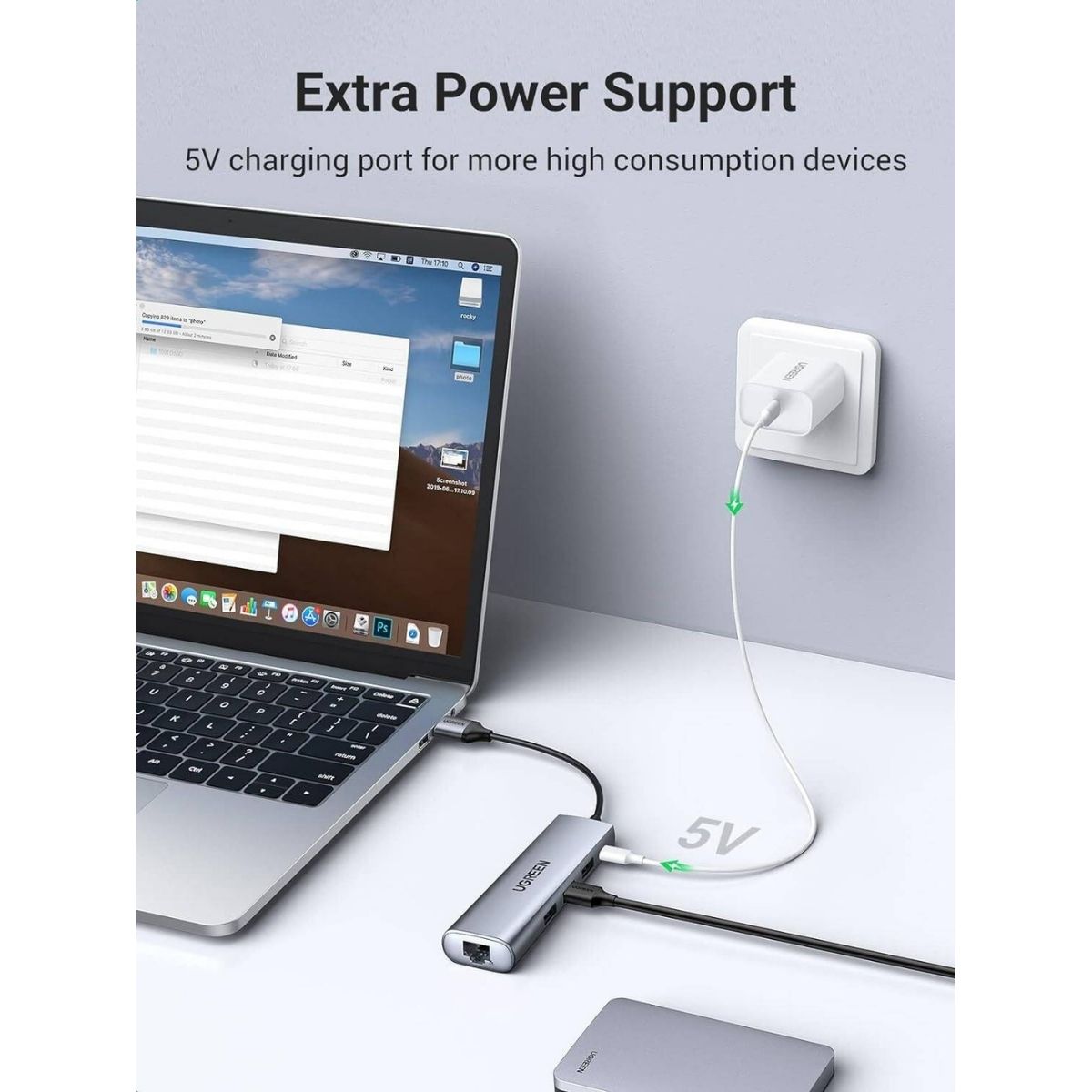 UGREEN 60812 5-in-1 USB 3.0 Hub | 3x USB-A 3.0 + Micro USB + Gigabit Ethernet | 5Gbps | 20cm Cable | Gray
