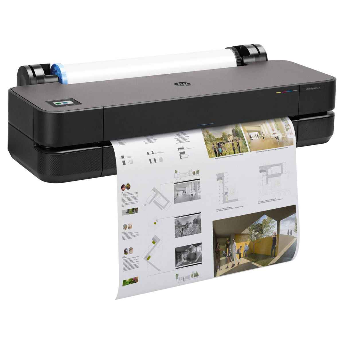 HP DesignJet T230 24" Inkjet Printer, Up to 5.5pl Ink Drop, 35 SPP Printed Speed, Up to 2400 x 1200 DPI Resolution, Sheet Feed, Roll Feed, Automatic Horizontal Cutter Output Handling, Black | 5HB07A