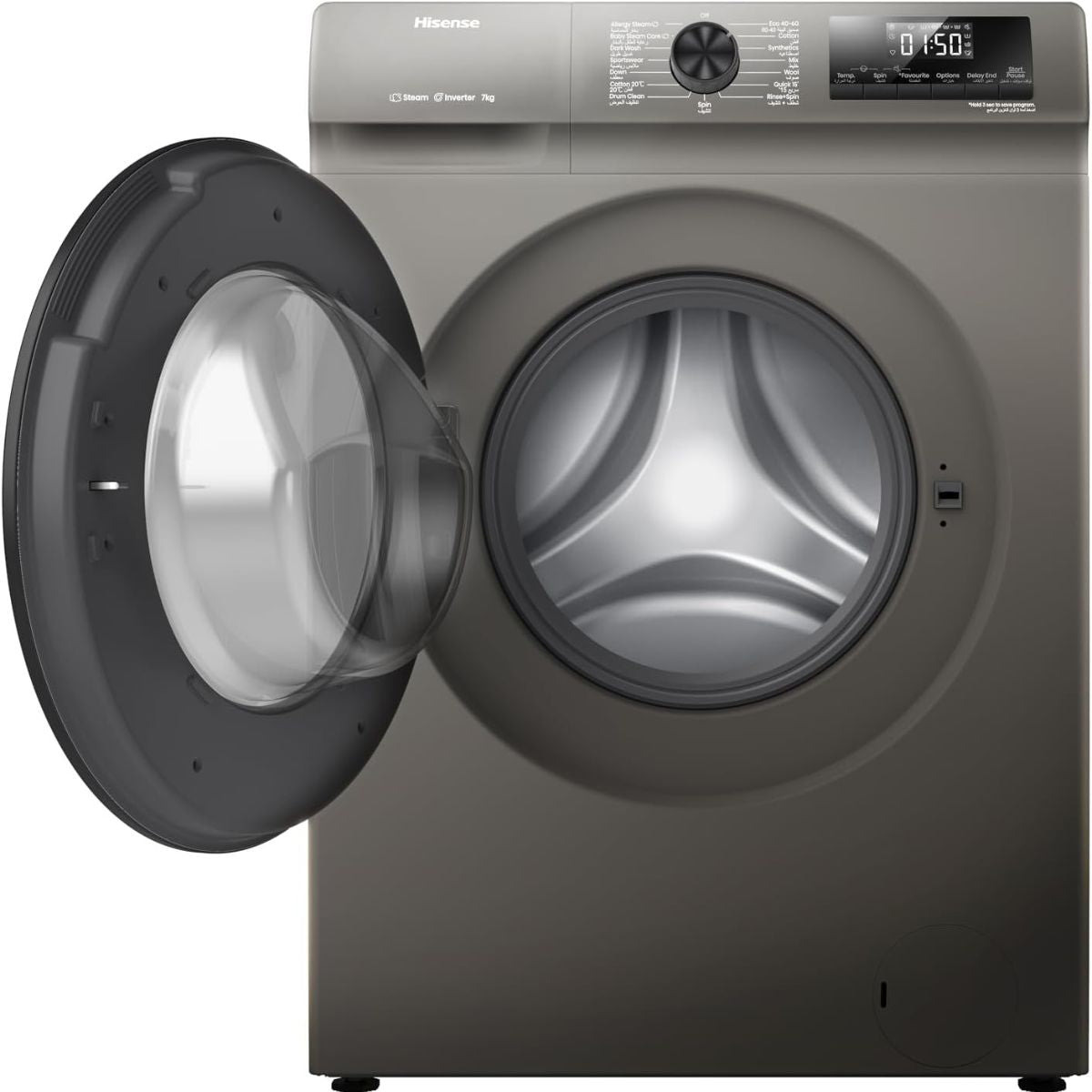 Hisense WFQP7012T Front Load Slim Washing Machine, 7kg Capacity, Inverter Motor, 1200 RPM Spin Speed, Steam Care, Quick Wash, Titanium Grey
