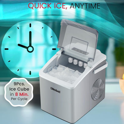 Nobel Ice Cube Maker 10-12kgs/24 Hrs Ice Making Capacity with 9pcs Ice in 8 Minutes Per Cycle|1.3 L Water Container Capacity with LED Indicator 150 W NIM13S Silver
