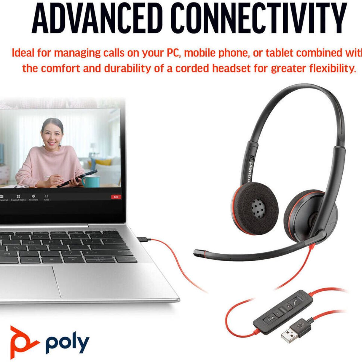 HP Poly Blackwire 3220 USB-C Headset with USB-C to USB-A Adapter, Noise-Canceling Microphone, Inline Call Controls, Hearing Protection, USB-C Connectivity, Black