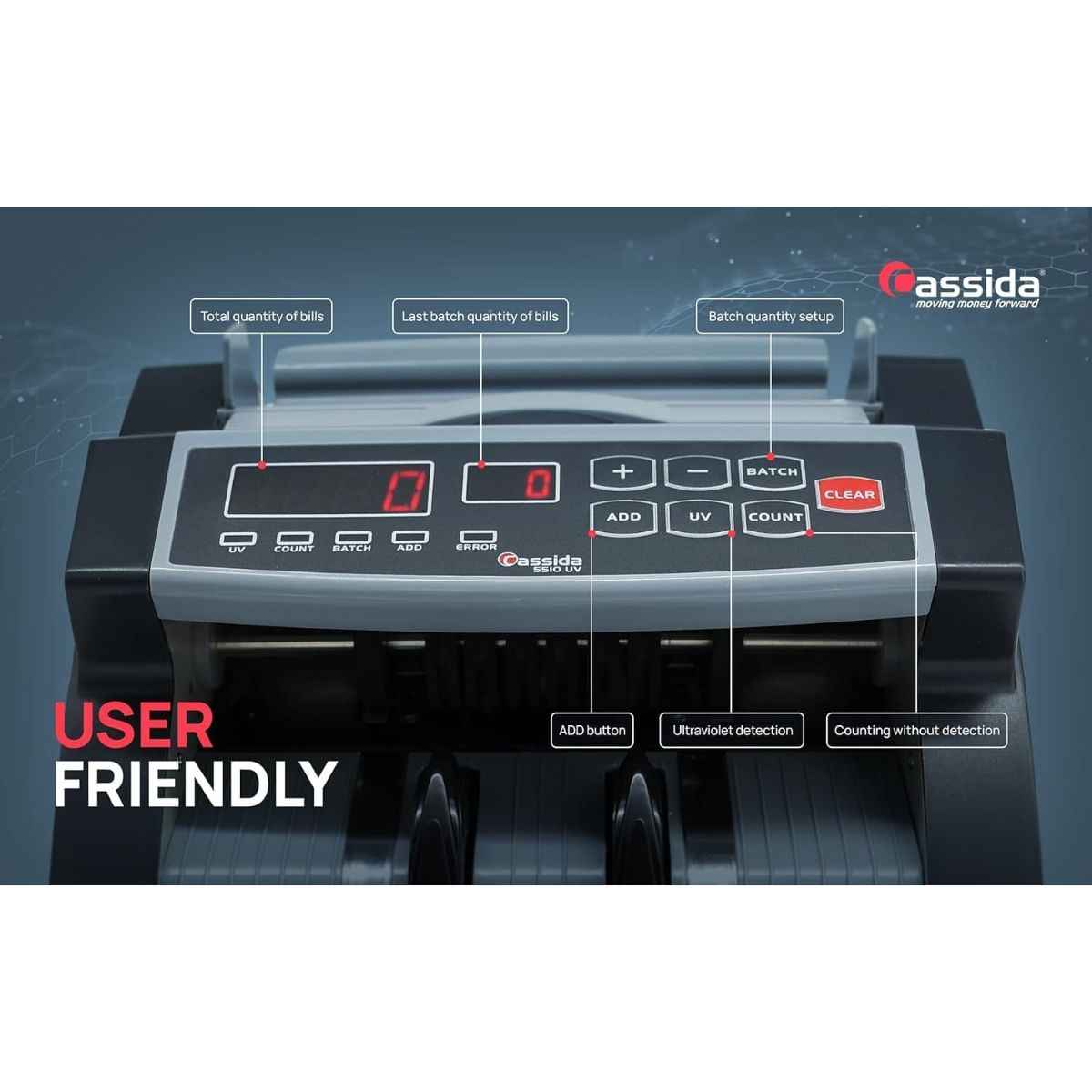 Cassida 5510 UV Efficient Bill Counter Machine for Retail, 1300 Notes Per Minute, Count, Batch, Add, Add+Batch Operations, LED 4/3 Display, Back Loader Bill Loading Style | 5510