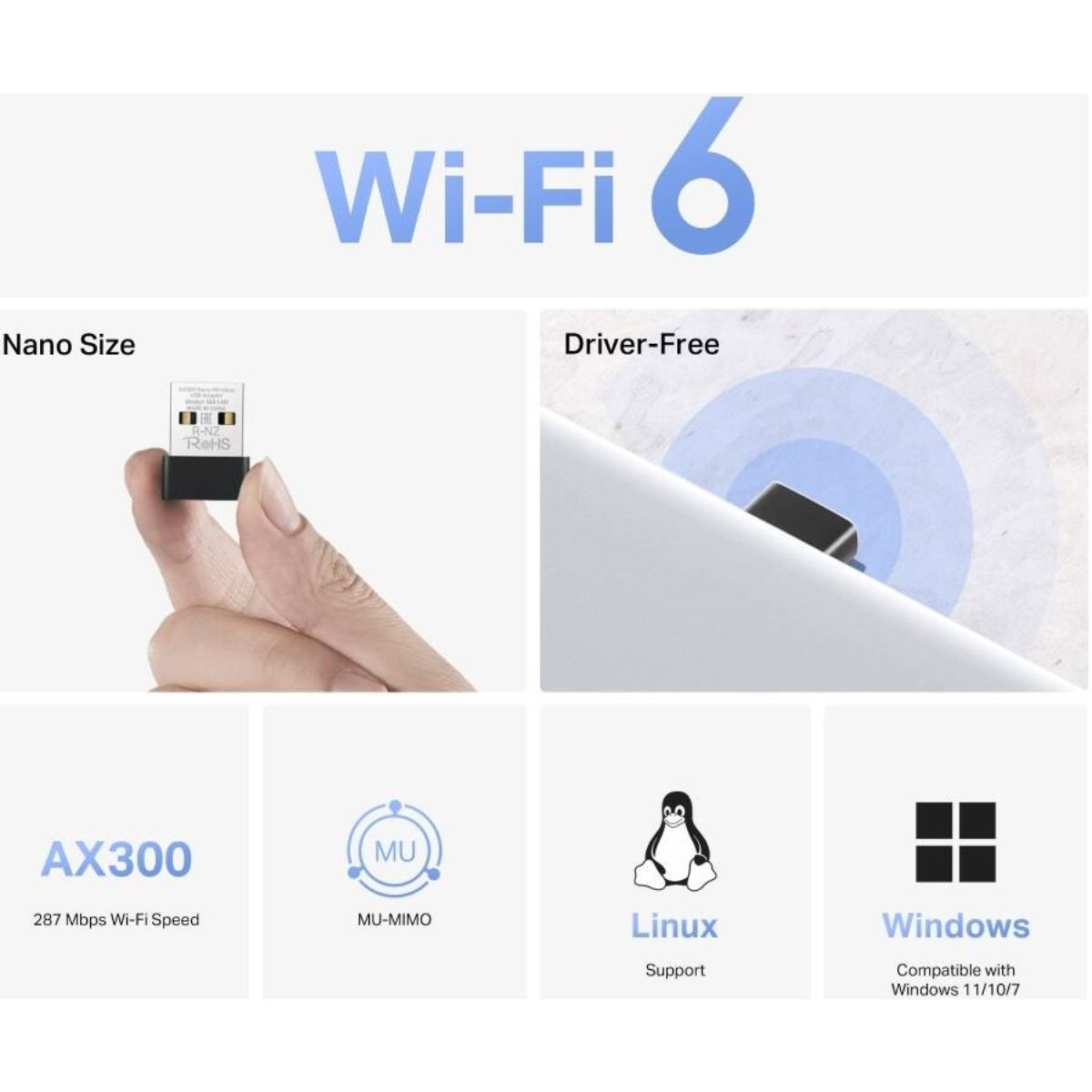 MERCUSYS MA14N AX300 Nano Wi-Fi 6 USB Adapter | 287 Mbps 2.4 GHz | USB 2.0 | MU-MIMO | Windows & Linux