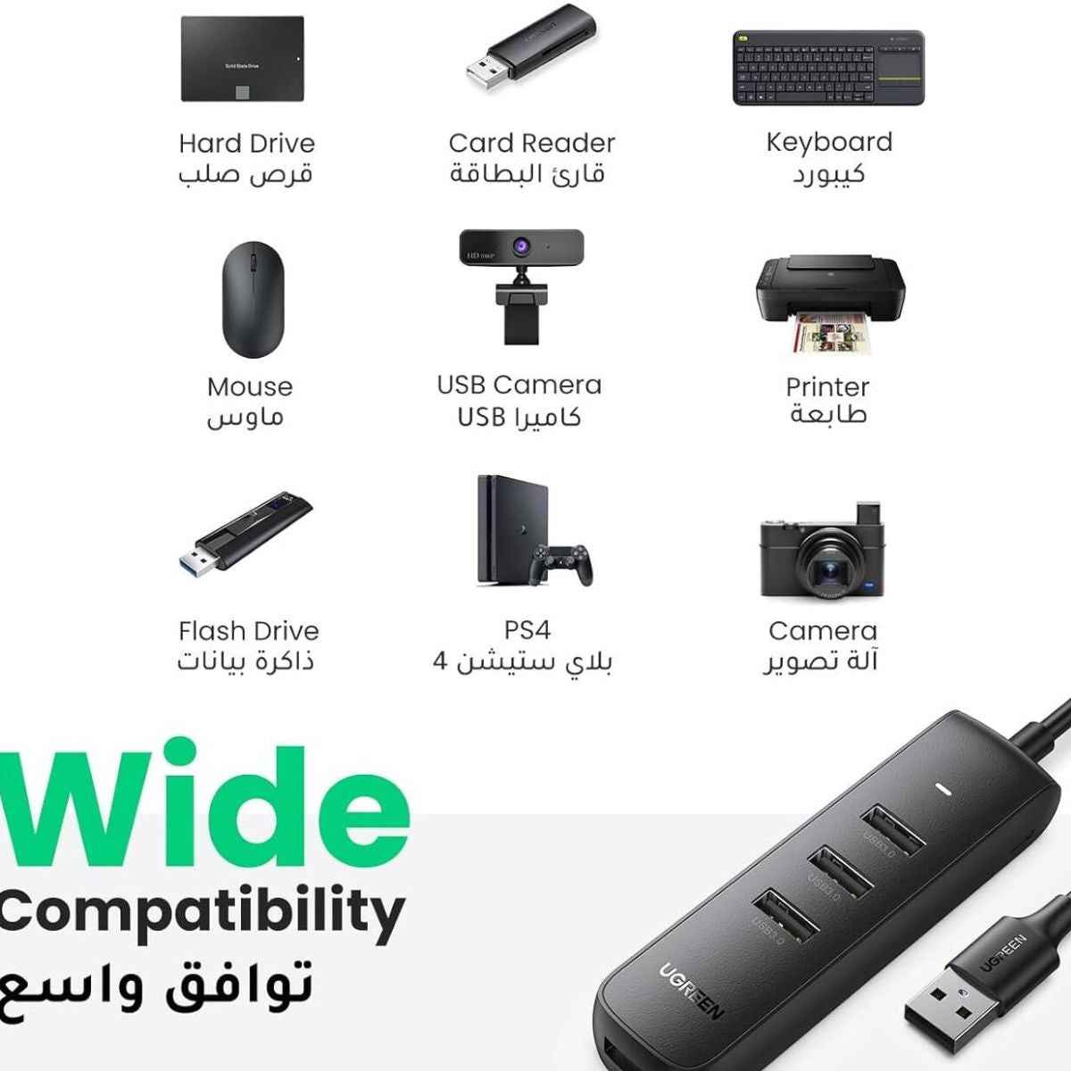 UGREEN USB 3.0 4-Port Hub – 1m Cable, High-Speed Expansion Hub (Black)