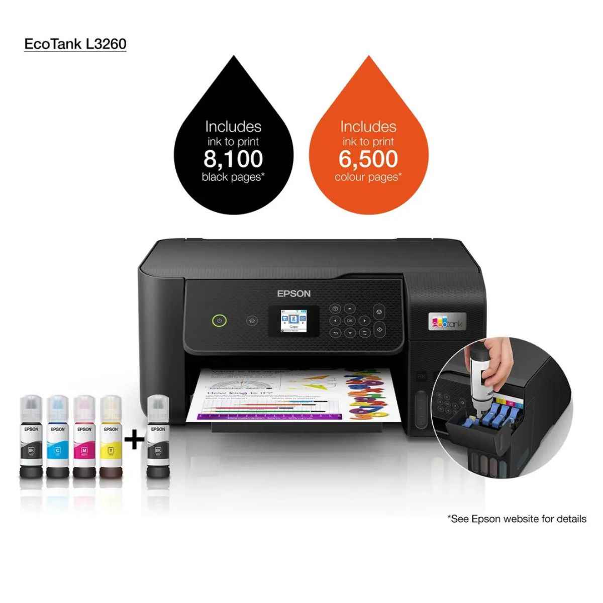 Epson EcoTank L3260 A4 Color 3-in-1 Printer with Wi-Fi Direct & LCD Screen, 1200 DPIx2400 DPI Resolution, 33ppm Print Speed, 200 DPI Scan Speed, 100 Sheets Paper Tray, Black | C11CJ66414