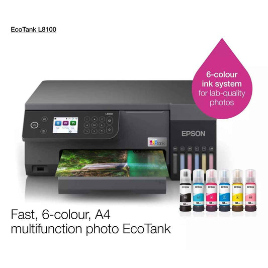 Epson EcoTank L8100 A4 3-in-1 Photo Printer, Epson Smart Panel App, Ink Tank System, 5.400 Pages, 1.500 Photos Color Yield, 1200 DPI x 4800 DPI, 37dB Noise Level, Black | EcoTank L8100