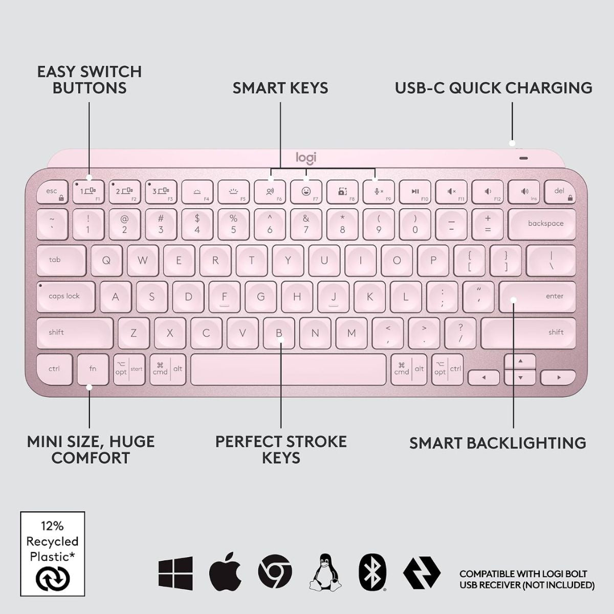 Logitech MX Keys Mini Wireless Illuminated Keyboard | Bluetooth | USB-C Rechargeable | US International QWERTY | Rose Pink | 920-010500 | Working Unit