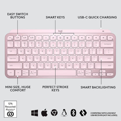 Logitech MX Keys Mini Wireless Illuminated Keyboard | Bluetooth | USB-C Rechargeable | US International QWERTY | Rose Pink | 920-010500 | Working Unit