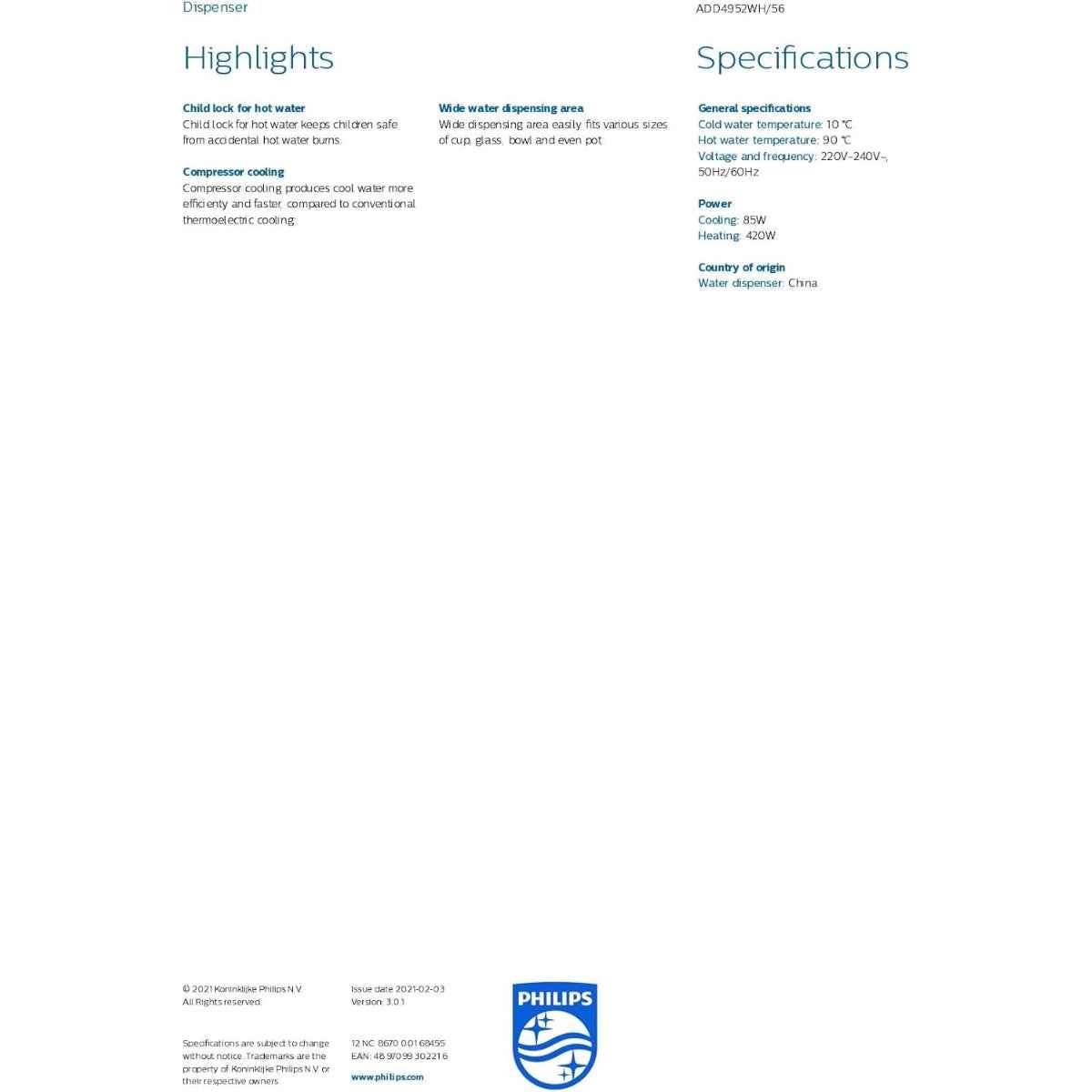 Philips Water Dispenser Top-Loading (ADD4952WH) — Single Nozzle, Hot & Cold