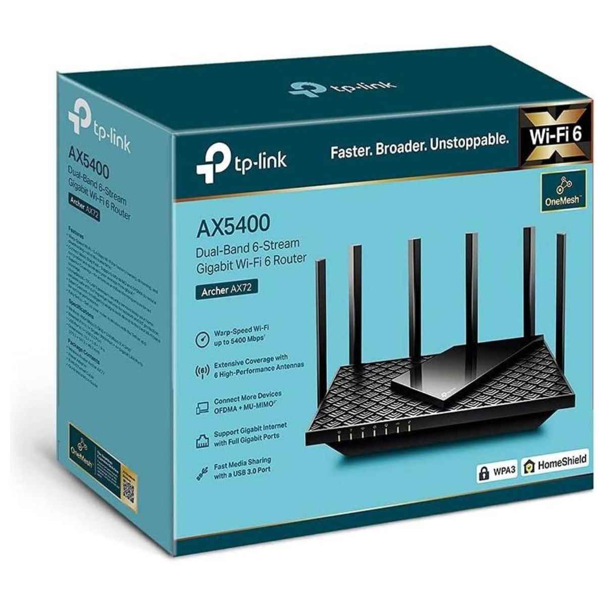 TP-Link AX5400 Dual-Band Gigabit Wi-Fi 6 Router, Gigabit WiFi for 8K Streaming, Fully Featured Wi-Fi 6, Connect 100+ Devices, Extensive Coverage, HomeShield Security, Black | Archer AX72