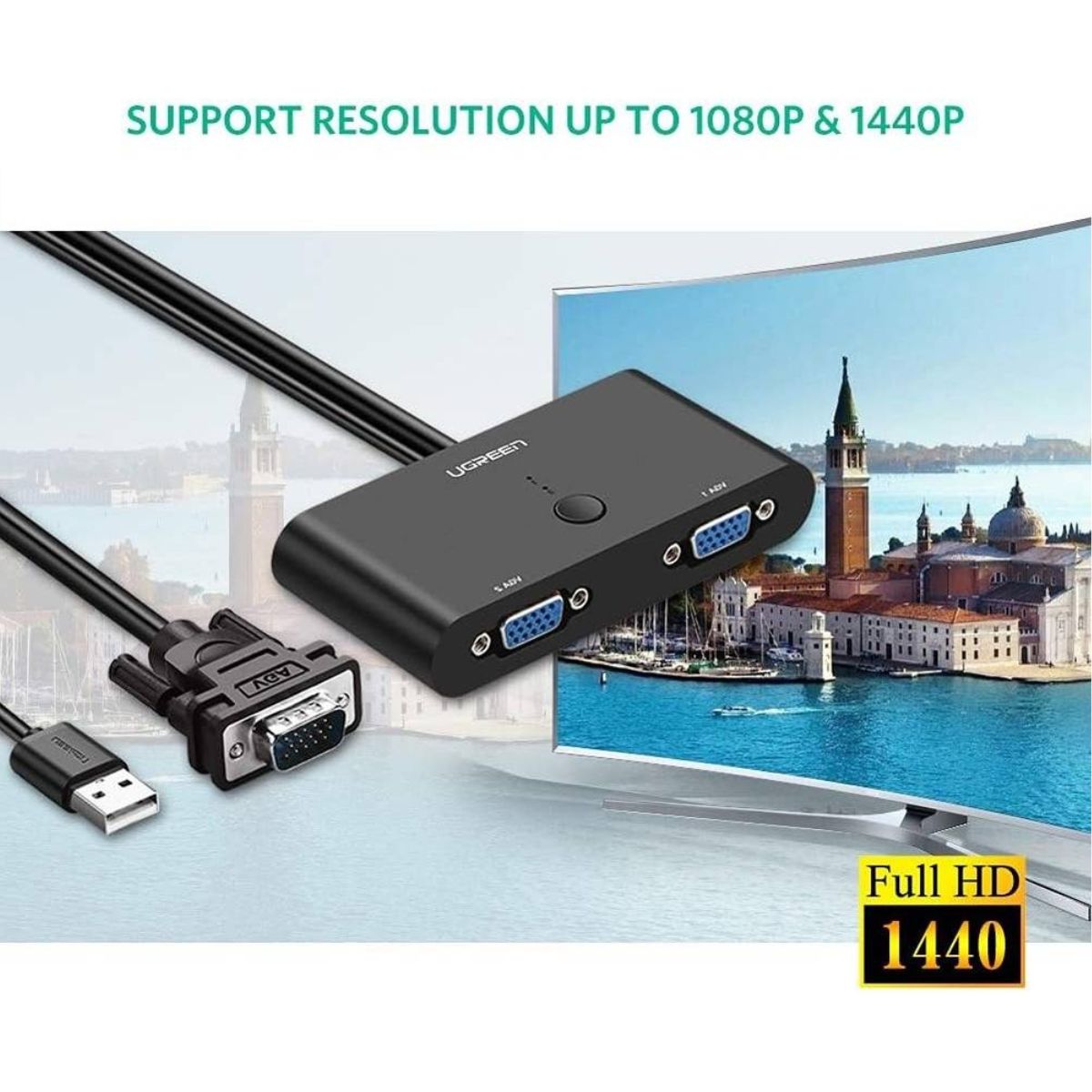 UGREEN VGA 2-in-1-Out Switch 2-Port Audio Video Switcher | 1920×1080 @ 60Hz | Manual Switch Button | Black | 30711