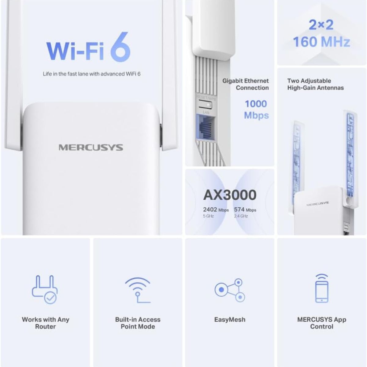 MERCUSYS ME80X AX3000 Wi-Fi 6 Range Extender | Dual-Band 3000 Mbps | Gigabit Ethernet | EasyMesh | Access Point Mode