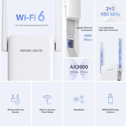 MERCUSYS ME80X AX3000 Wi-Fi 6 Range Extender | Dual-Band 3000 Mbps | Gigabit Ethernet | EasyMesh | Access Point Mode