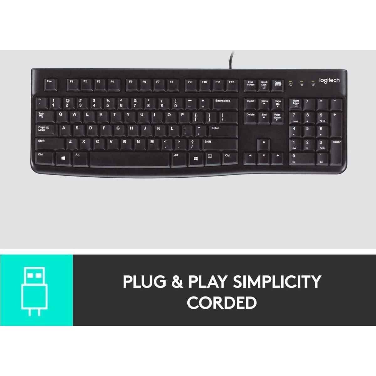 Logitech K120 Business Wired Keyboard | USB Plug-and-Play | Full-Size Keyboard | Spill-Resistant Design | English/Arabic Layout | Windows &amp; Linux Compatible | Black