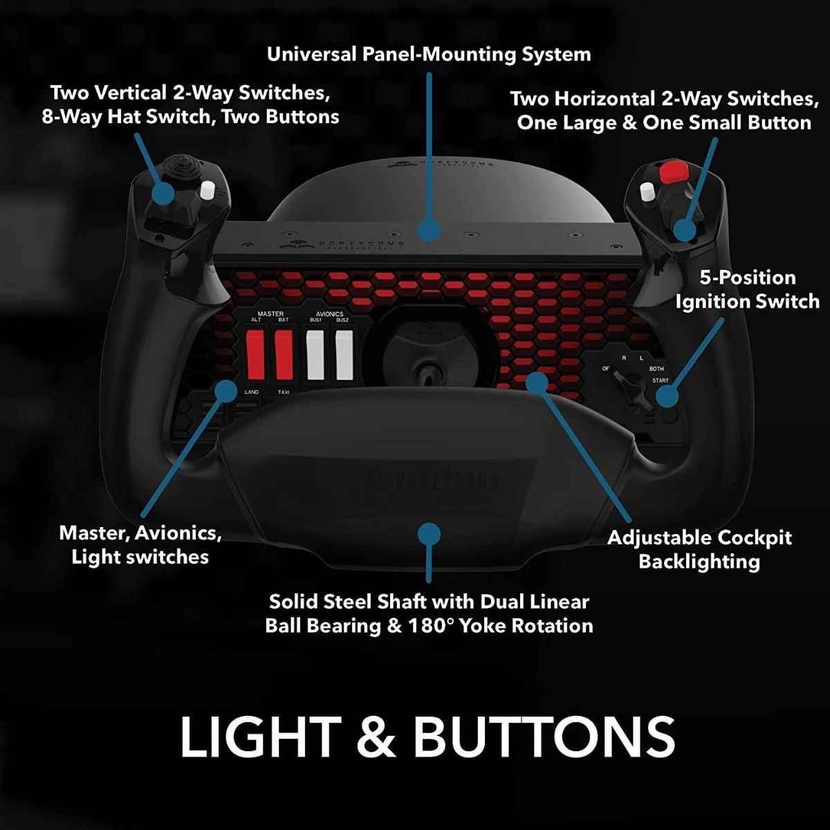 Honeycomb Aeronautical Alpha Flight Controls XPC, Xbox Series X|S & PC Flight Simulator Yoke System, 180° Yoke Rotation, 8-Way Hat Switch, Universal Panel Mounting, Black | HC003653