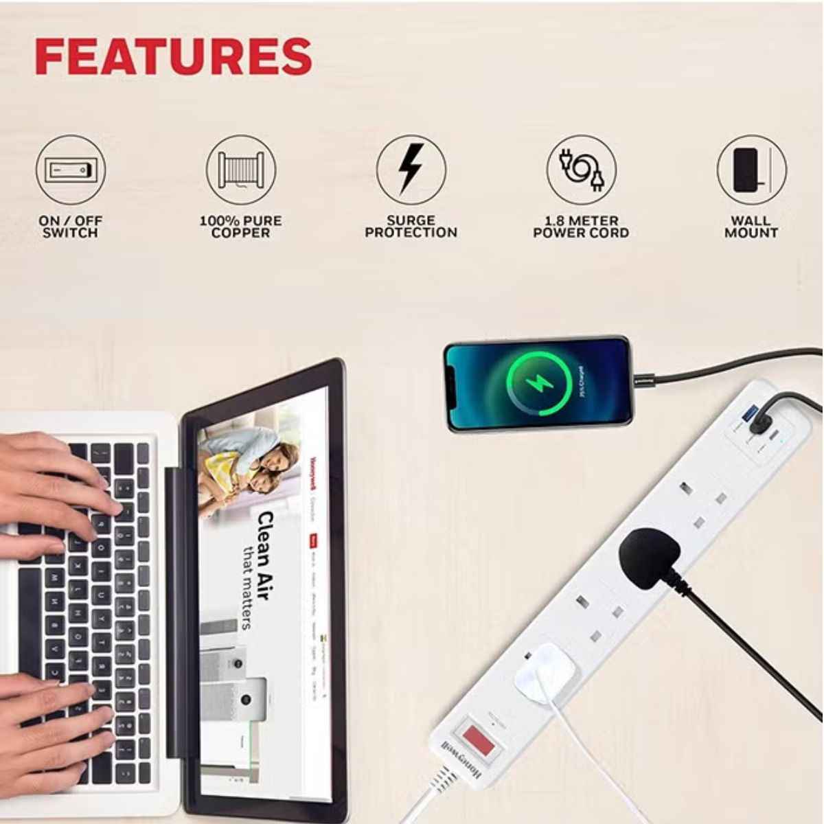 Honeywell Surge Protector - 4 Universal Sockets, 1xPD 20W & 2xUSB, 1.8 Meter Cord, White