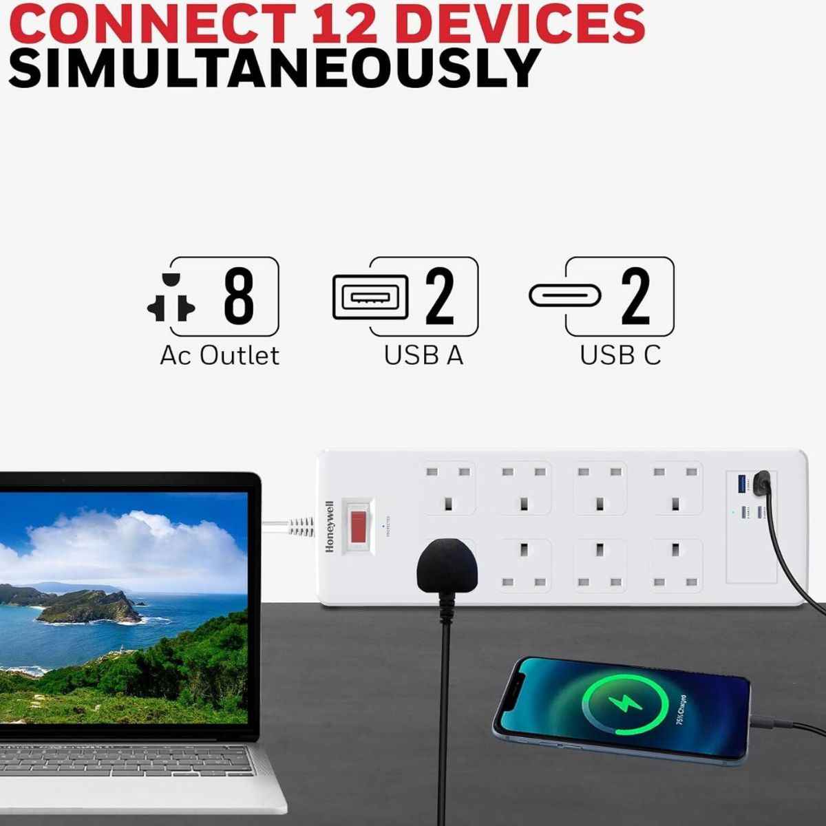 Honeywell Surge Protector - 8 Universal Sockets, 2xPD 20W & 2xUSB, 1.8 Meter Cord, White