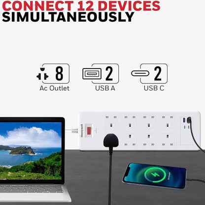 Honeywell Surge Protector - 8 Universal Sockets, 2xPD 20W & 2xUSB, 1.8 Meter Cord, White