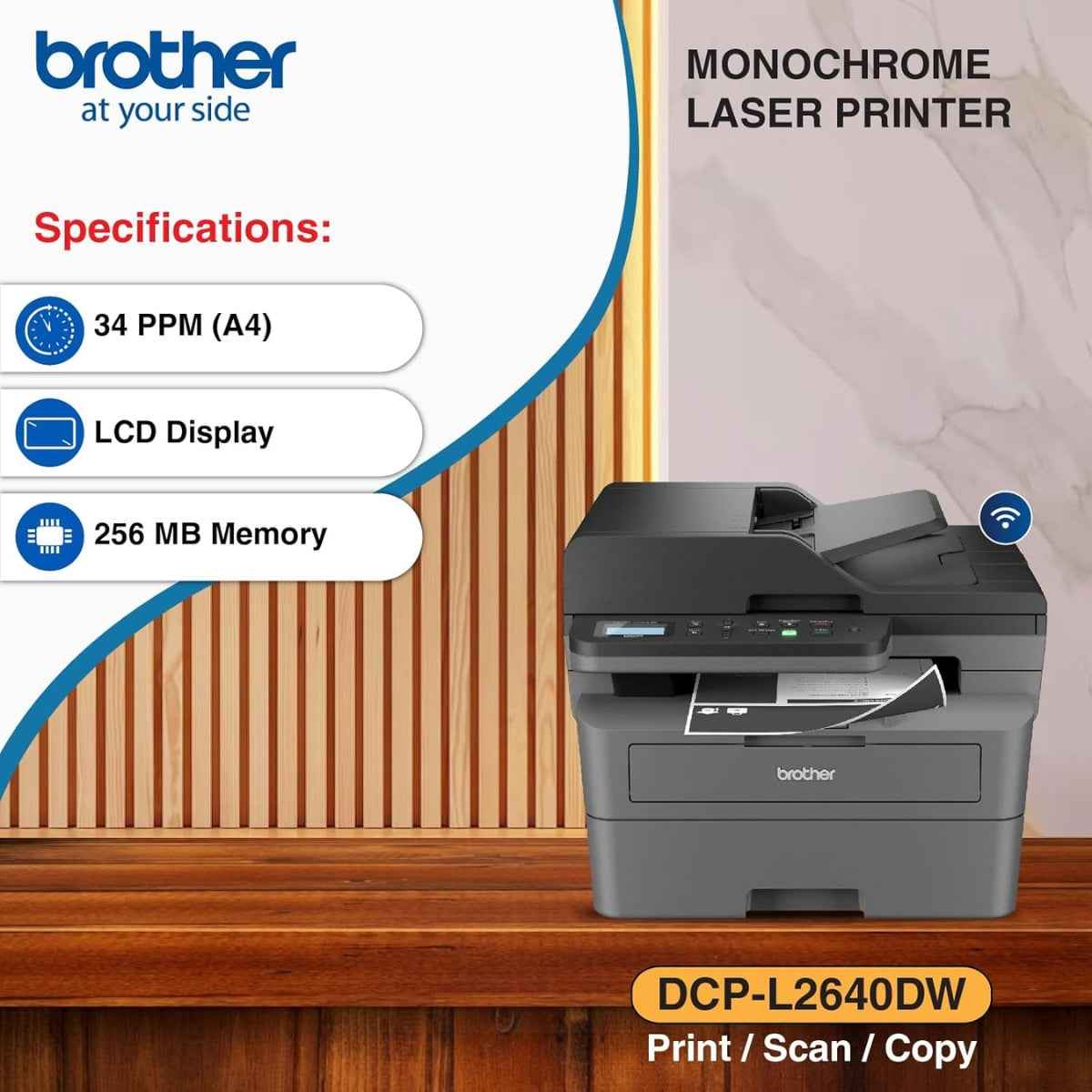 Brother DCP-L2640DW Compact Mono Laser Multi-Function Printer, Print, Scan, Copy, Up to 34/36 ppm (A4/LTR) Print Speed, 1200 x 1200 dpi Resolution, 2 Lines LCD Display, Black | DCP-L2640DW