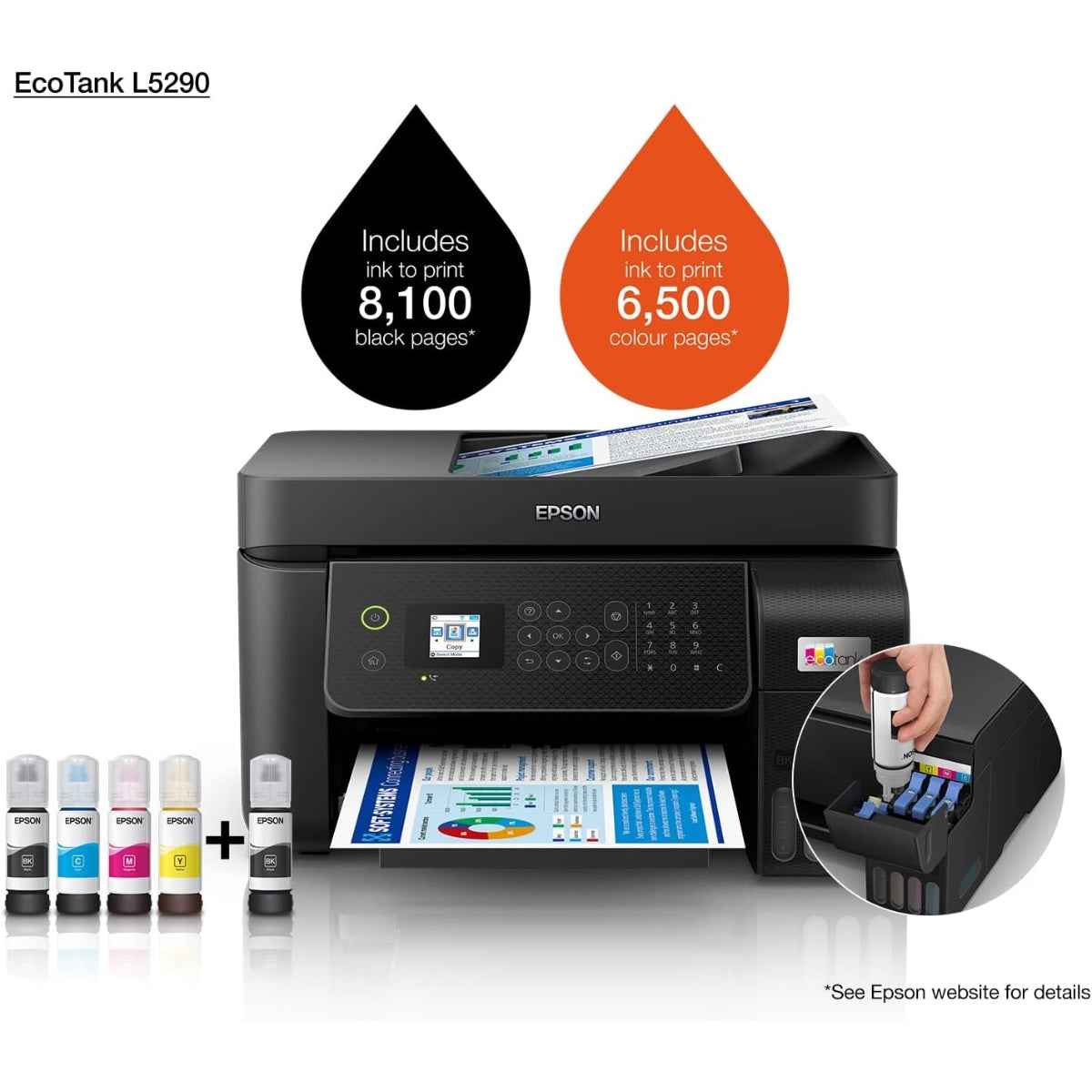 Epson EcoTank L5290 A4 Wi-Fi AIO Ink Tank Printer with ADF, Print, Scan, Copy, Fax, 5760 x 1440 dpi, 33ppm Printing Speed, LCD Screen, 100-Page Fax Storage Memory, Smart Panel, Black | C11CJ65409