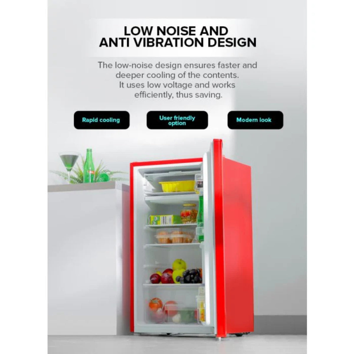 Geepas Single Door Mini Defrost Red Refrigerator GRF1202RXE, Mini Fridge, Retro Design, Low Noise, Low Voltage, Quick Cooling, Easy Cleaning