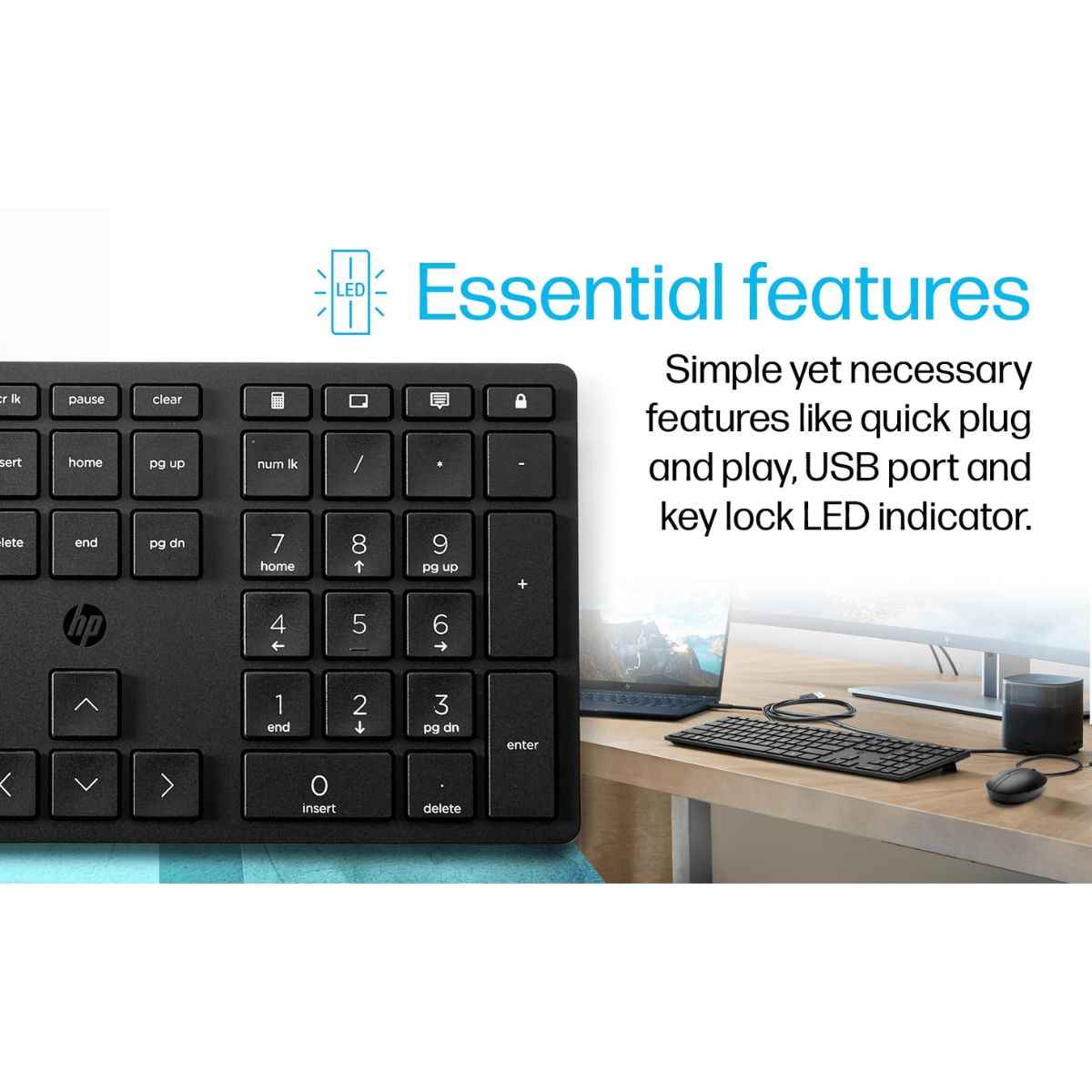 HP Wired Desktop 320K Keyboard, Low Profile Design, Quiet Keys, USB-A Connectivity, Adjustable Slope, English Layout, Black | L96909-L31