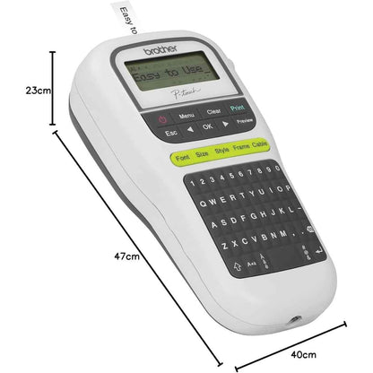 Brother PT-H110 Handheld Label Printer with Graphical Display, Up to 120mm TZe Tape, 20mm / sec Print Speed, ENG, ARB, Farsi QWERTY K/B, 3 Fonts & 250 Symbols, One-Touch Keys, ‎Black-White | PTH110