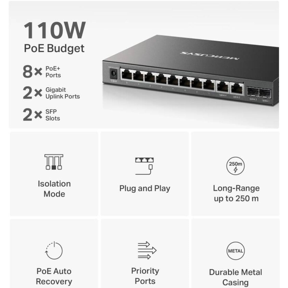 MERCUSYS MS112GMP 12-Port Gigabit PoE+ Desktop Switch | 8 PoE+ Ports | 110W Power Budget | 2 Gigabit RJ45 Ports | 2 SFP Slots | 802.3af/at