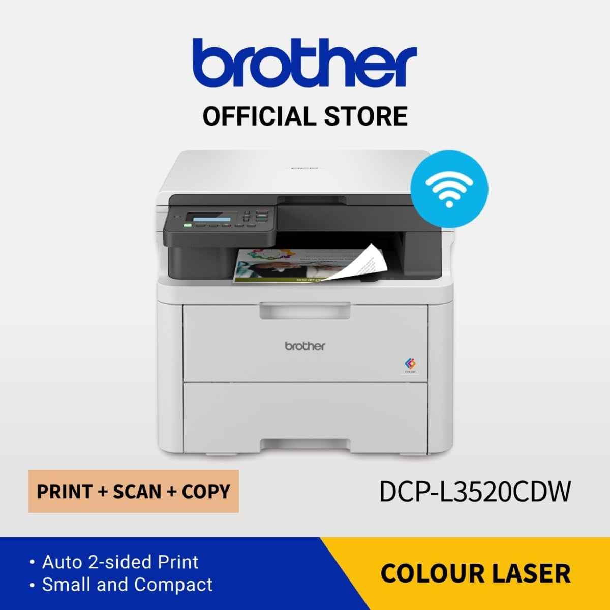 Brother DCP-L3520CDW Color Laser Printer – Print, Scan, Copy, 18/19 ppm, 600 × 600 dpi, WiFi, Duplex Printing, 250-Sheet Tray, White | DCP-L3520CDW