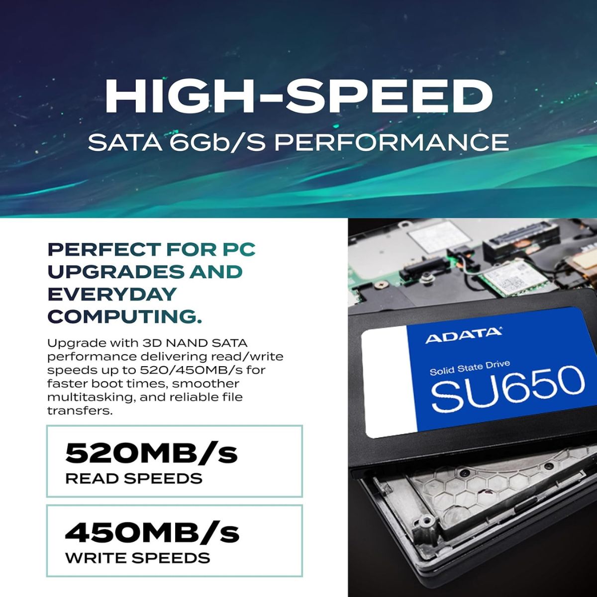 ADATA Ultimate SU650 512GB Internal SSD, 2.5-Inch SATA III Solid State Drive, 3D NAND Flash, High-Speed Storage Upgrade | ASU650SS512GTR