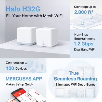 MERCUSYS Halo H32G AC1200 Whole Home Mesh Wi-Fi System, 2-Pack | Dual-Band Wi-Fi 5 | 867 Mbps + 300 Mbps | MU-MIMO | Beamforming | Access Point Mode | White