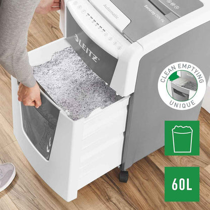 Leitz IQ Autofeed Office Particle Cut Shredder P4, 300 Sheets, 60L Waste Bin, White, 80150000