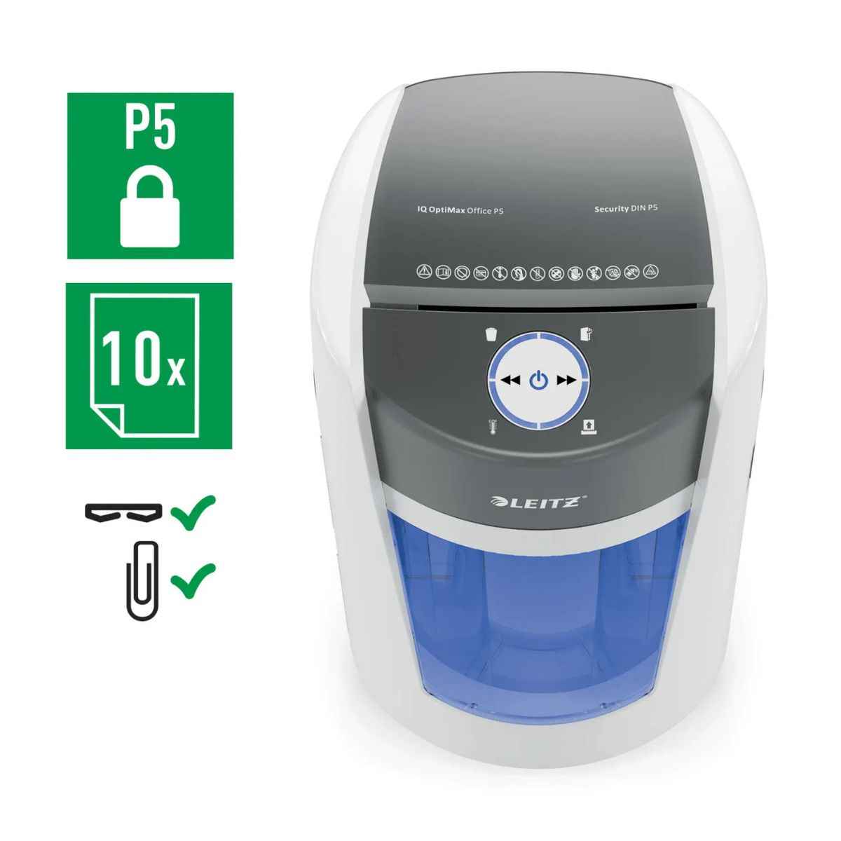 Leitz IQ OptiMax Office Micro Cut Paper Shredder P5 – 10 Sheets, 35L Bin, Continuous Run | White