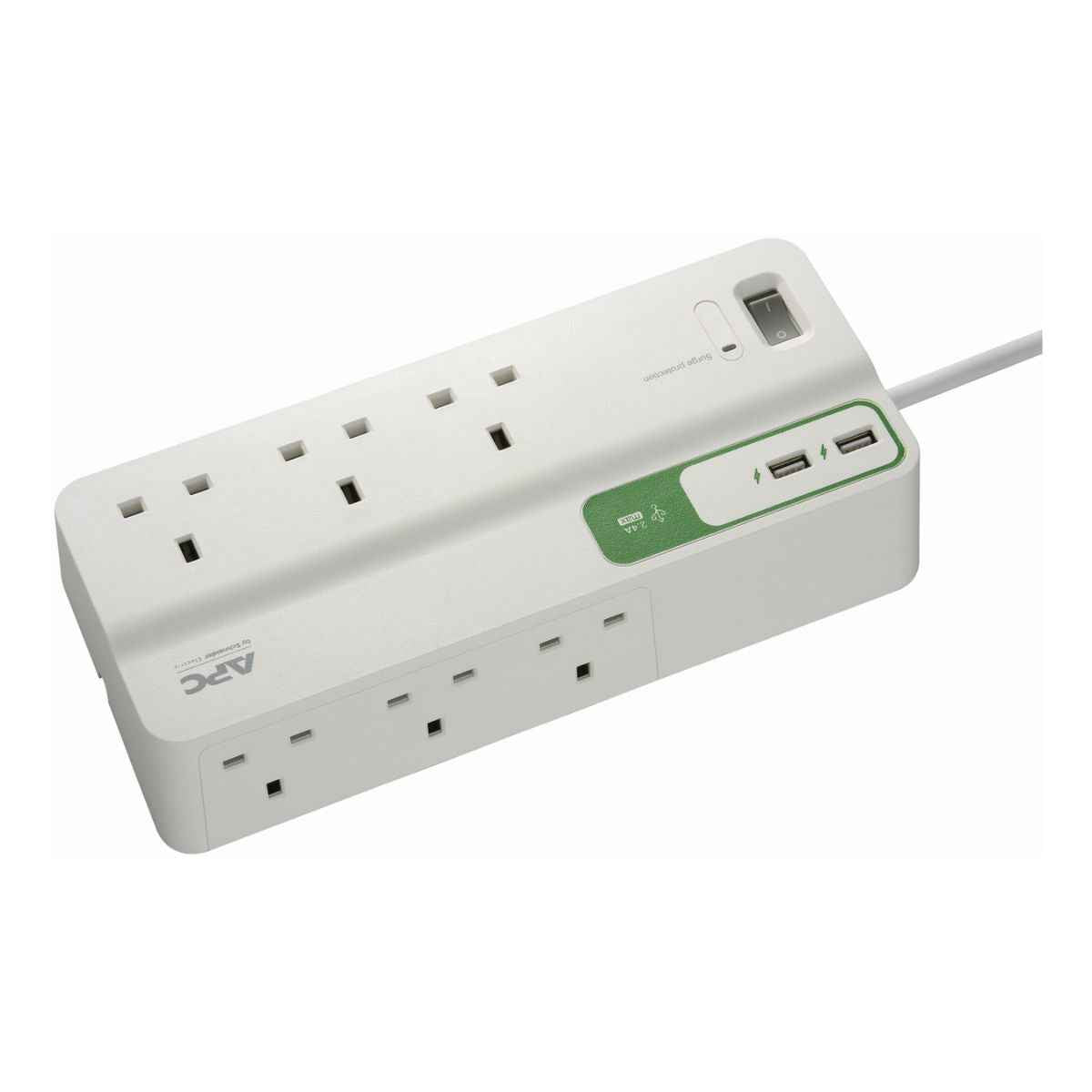 APC Essential SurgeArrest 6-Outlet Power Strip with Dual USB Charger | 230V UK Plug | 2 Meter Cable | 2 x USB Ports (5V, 2.4A) | Black | PM6U-UK
