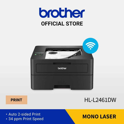 Brother HL-L2461DW Mono Laser Printer, Up to 34/36 PPM Print Speed, Up to 1200 x 1200 DPI, 49 dB(A) Noise Level, Automatic 2-Sided (Duplex) Print, 250 Sheets Input Tray, Black | HL-L2461DW
