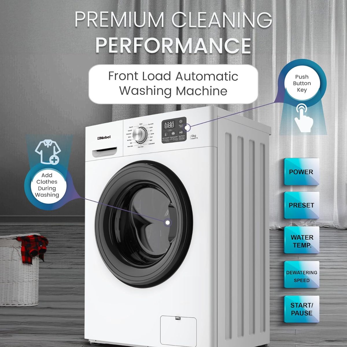Nobel NWM775 6 Kg Inverter Front Load Fully Automatic Washing Machine – 16 Wash Programs, Child Lock, High-Temp Sterilization, Delay Start, LED Display
