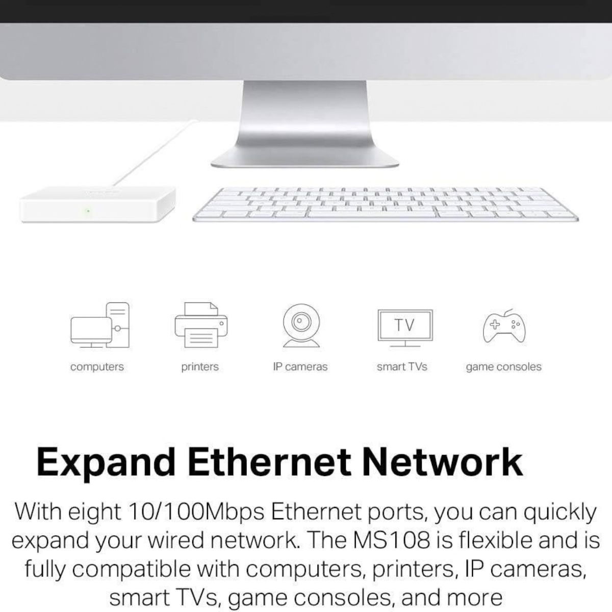 Mercusys MS108 8-Port Desktop Switch | 8× 10/100Mbps RJ45 Ports | 1.6Gbps Switching Capacity | Auto MDI/MDIX | Plug & Play | Fanless Design | Compact Desktop Switch