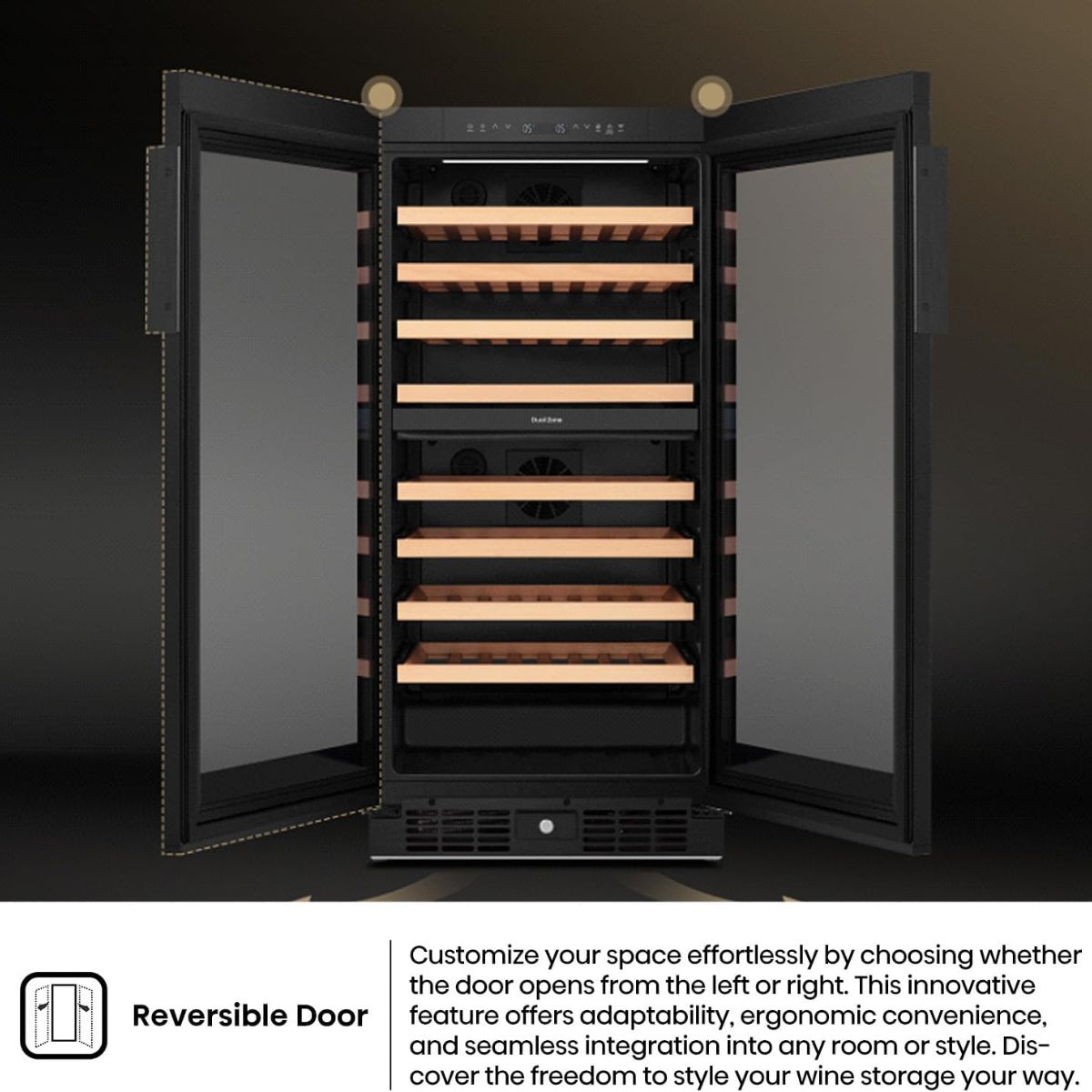 Hisense RW3N230GALF Wine Cooler, 108 Bottle Capacity, Dual Temperature Zone, Low Noise Operation, Reversible Door, Black