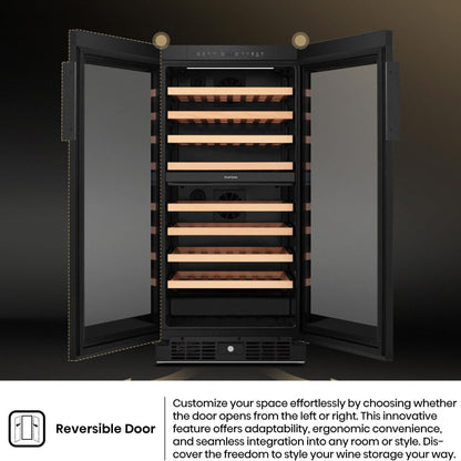 Hisense RW3N230GALF Wine Cooler, 108 Bottle Capacity, Dual Temperature Zone, Low Noise Operation, Reversible Door, Black