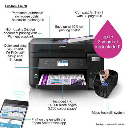 Epson EcoTank L6270 All-in-One (Print • Copy • Scan) – Ink-Tank, Duplex, ADF & WiFi, Offices & Homes Low-Cost, High-Volume Printing with Ink-Tank Efficiency and Full MFP Features