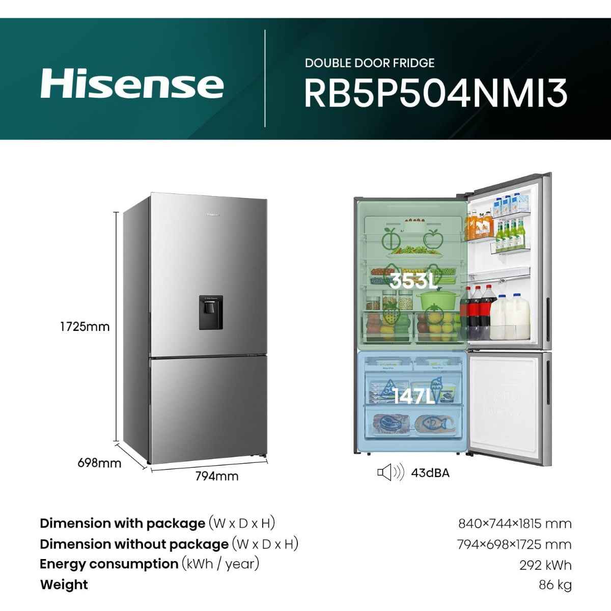 Hisense 500L Bottom‑Mount Refrigerator – RB5P504NMI3, Two‑Door with Water Dispenser & Total No Frost