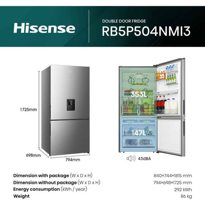 Hisense 500L Bottom‑Mount Refrigerator – RB5P504NMI3, Two‑Door with Water Dispenser & Total No Frost